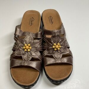 Clarks Metallic Brown Floral Slide Sandals with Yellow Accent
